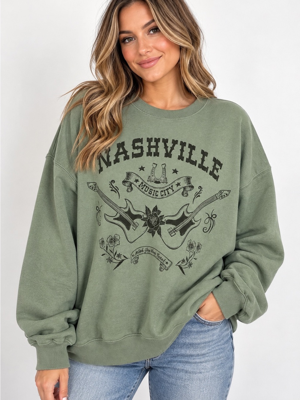 Cold Crush Nashville Graphic Crewneck sweatshirt Olive Green 2X Western country